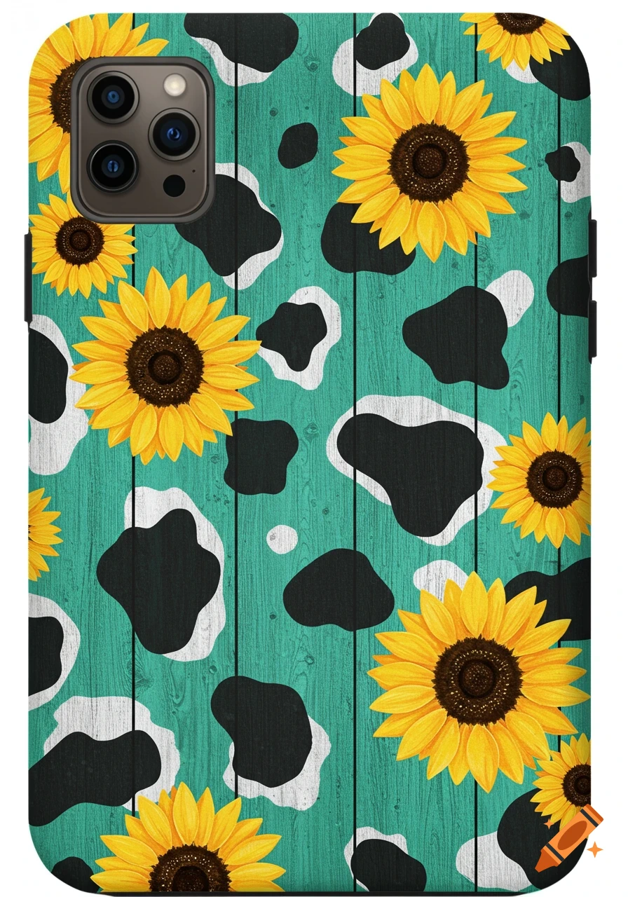 Sunflowers and cow print on a teal wood background pattern.