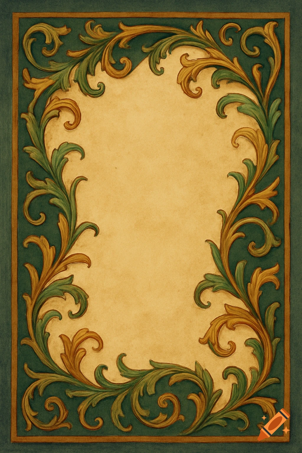 An ornate rectangular border with green leaves and gold scrolls on a beige background.