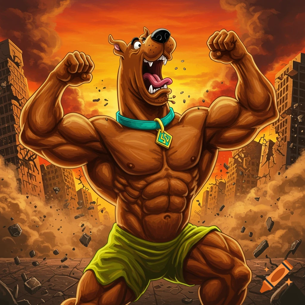Muscular Scooby-Doo flexes in a ruined city under an orange sky.