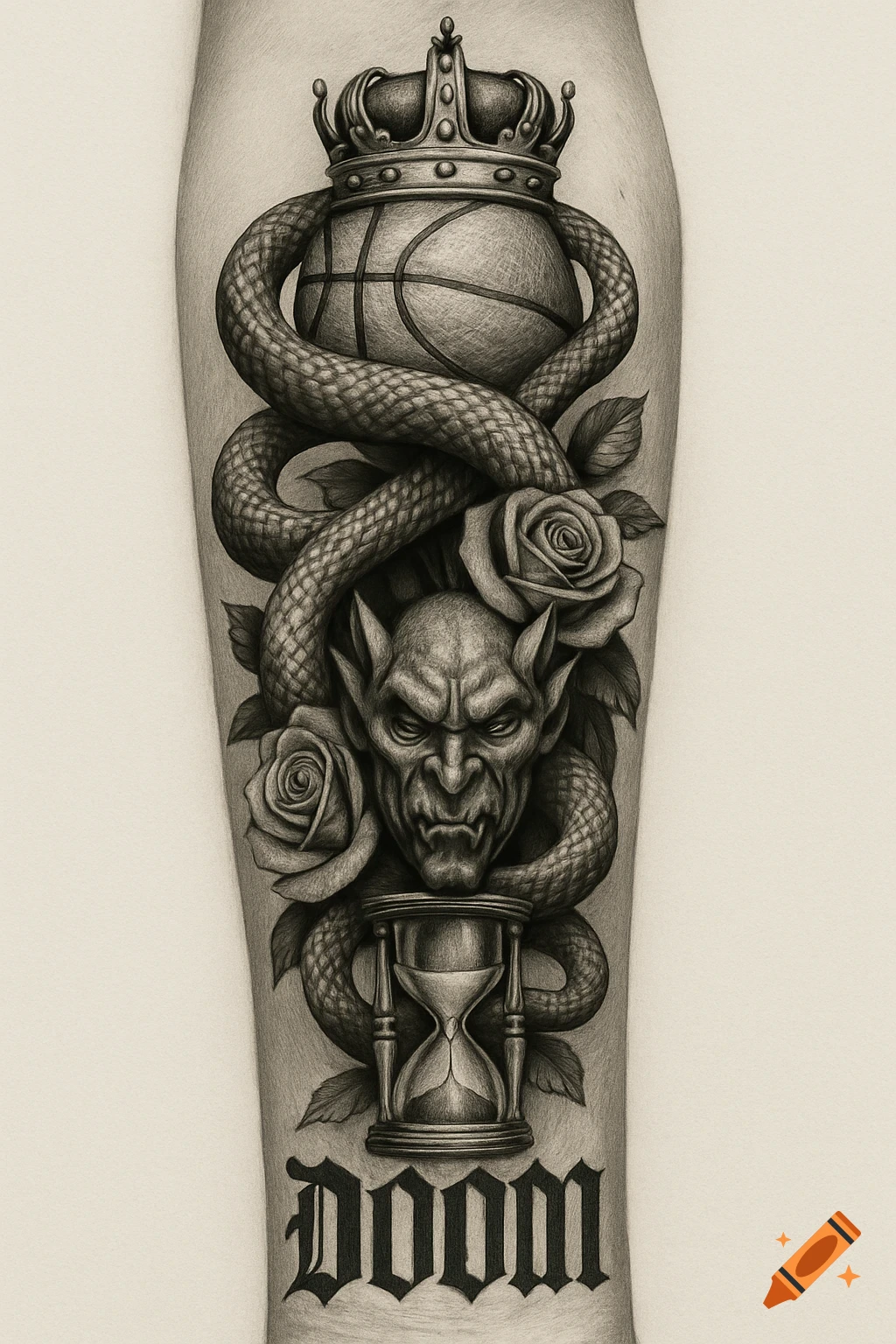 Detailed black and white forearm tattoo design with snake, crown, basketball, demon face, roses, hourglass, and 'DOOM'.