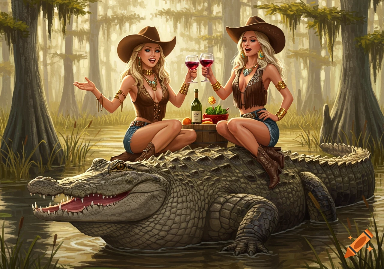 Two women in cowboy hats and boots sitting on a large alligator in a swamp, holding wine glasses.
