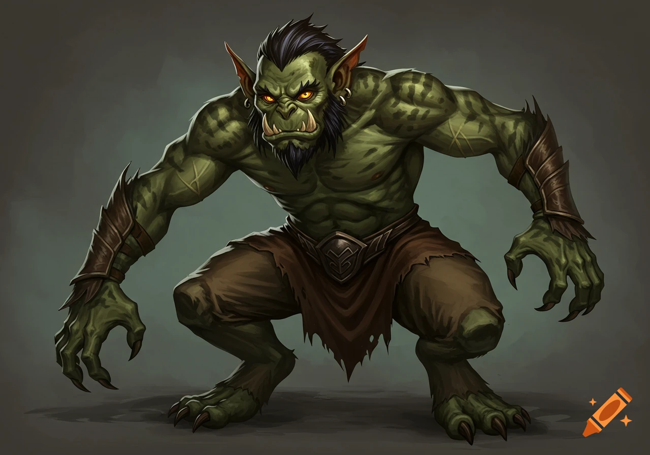 A fantasy creature, a green-skinned orc-like figure, crouches on the ground