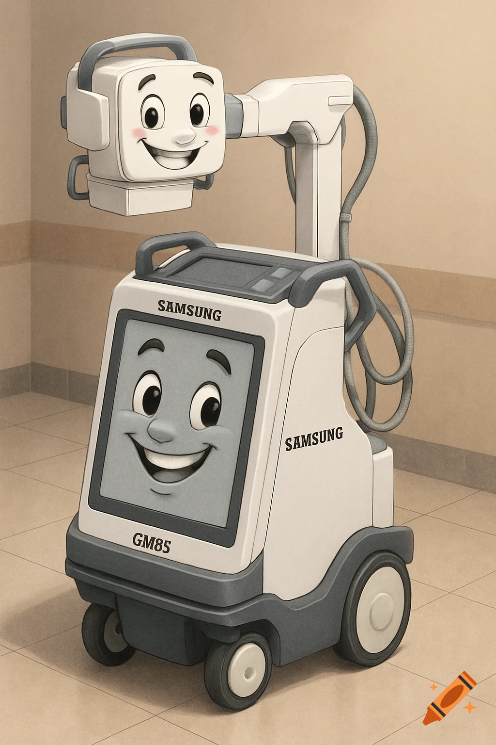Cartoon of a smiling X-ray machine with a face in a room.