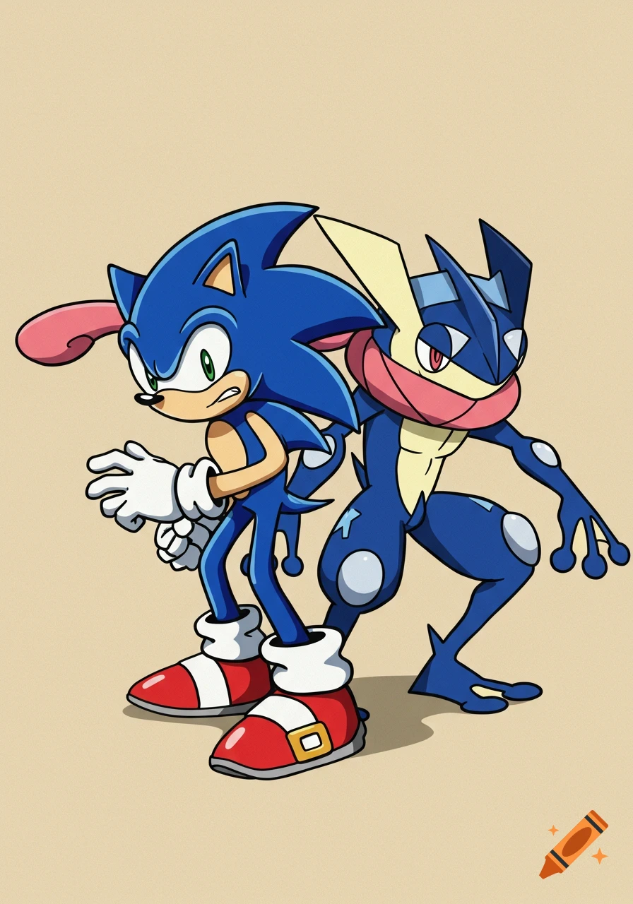 Sonic the Hedgehog and Greninja stand back-to-back in a cartoon style illustration.