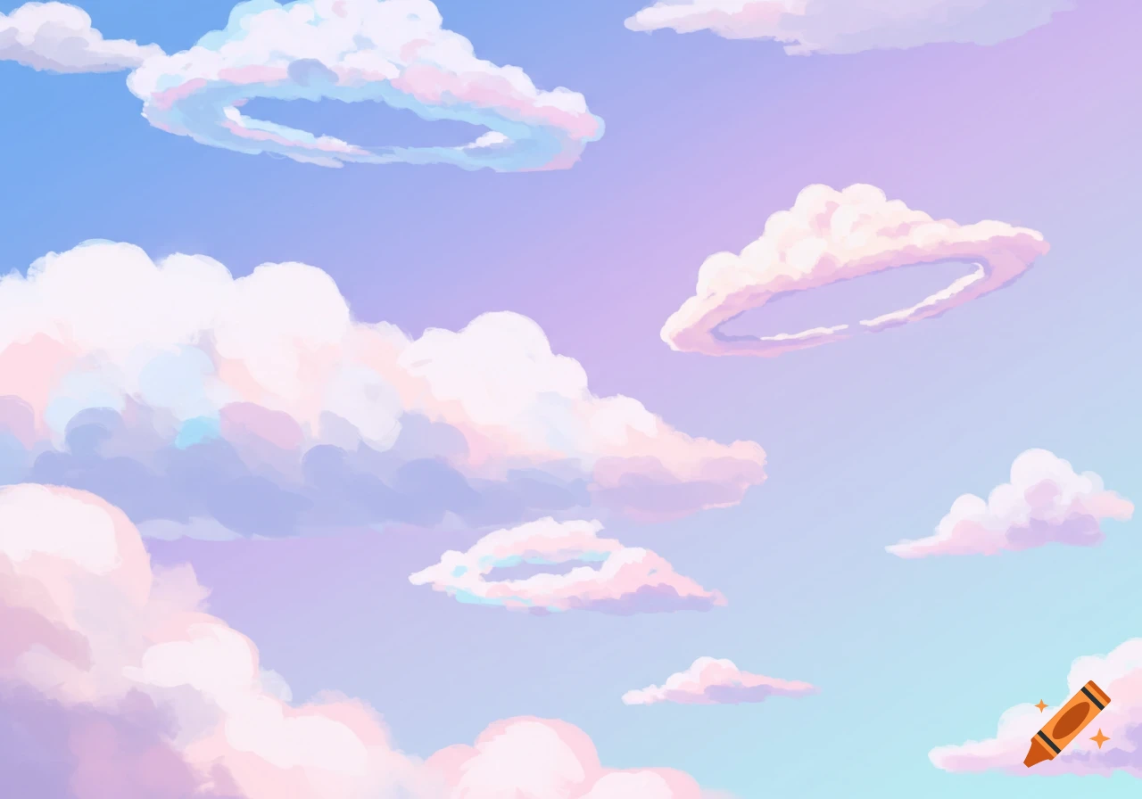 Cartoon image of pastel clouds in a blue and purple sky, some shaped like rings.