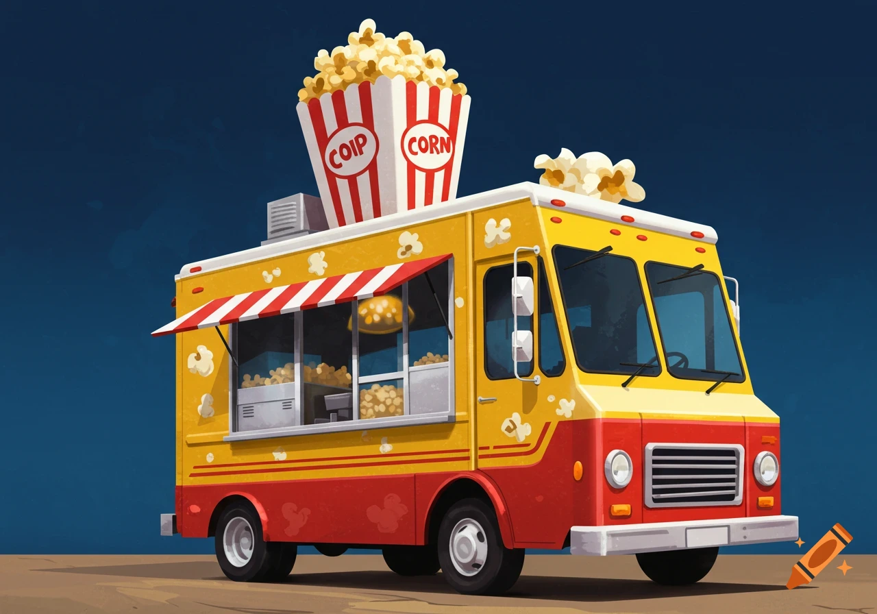 Stylized yellow and red popcorn food truck with a large popcorn box on the roof.