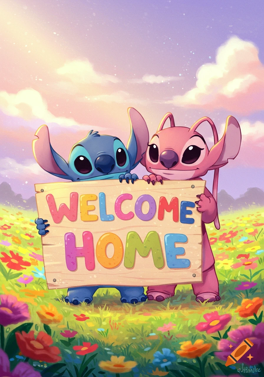 Stitch and Angel hold a sign saying WELCOME HOME in a field of colorful flowers.