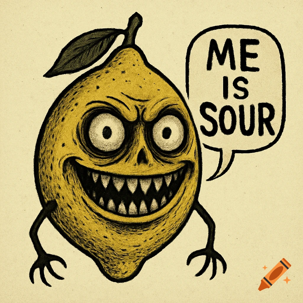 A creepy cartoon lemon with sharp teeth and bulging eyes says "ME IS SOUR" in a speech bubble.