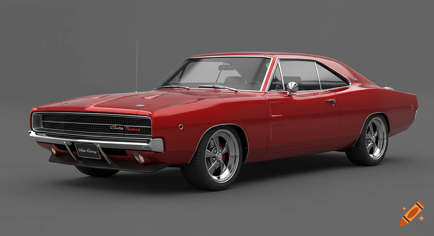 Red 1969 Dodge Charger on a gray background, studio shot.