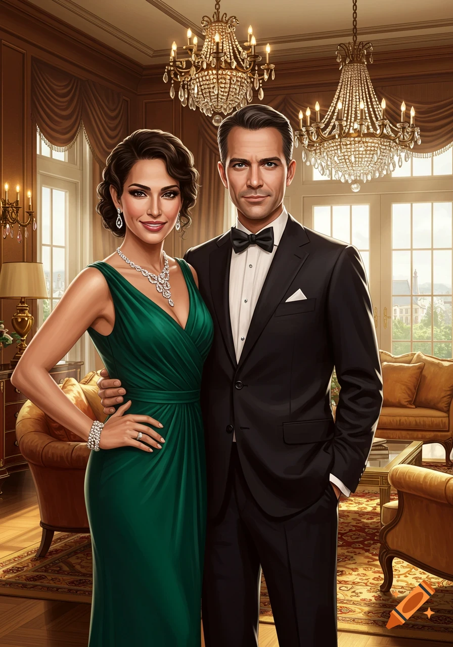 A wealthy couple, a woman in a green gown and a man in a tuxedo, stand in a luxurious room.