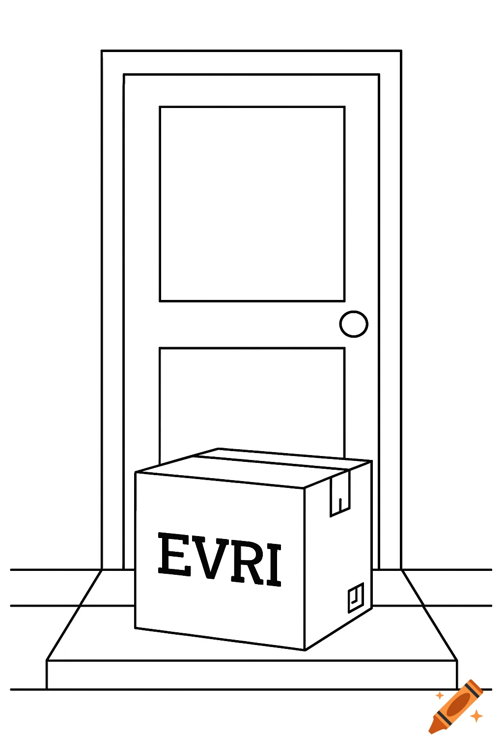 A package labeled 'EVRI' sits on steps in front of a closed door in a simple outline style.