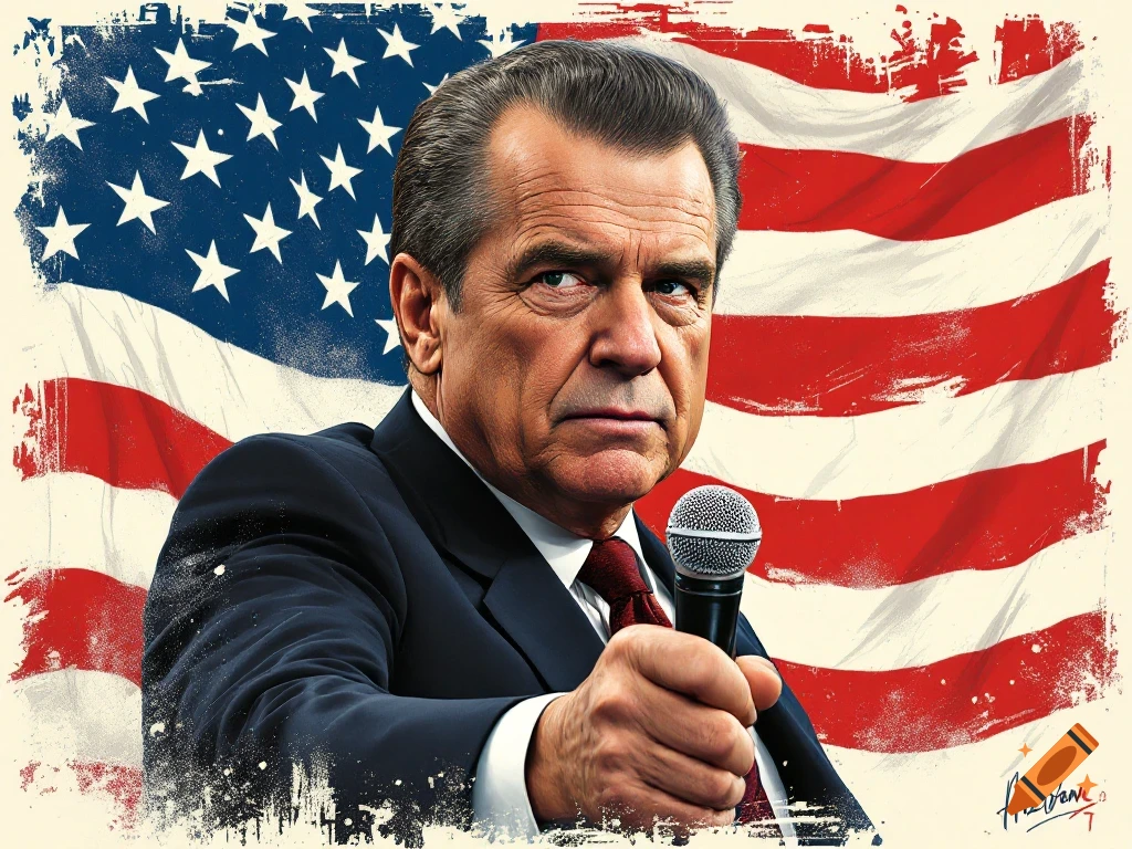 Portrait of a man resembling Richard Nixon holding a microphone against a distressed American flag.