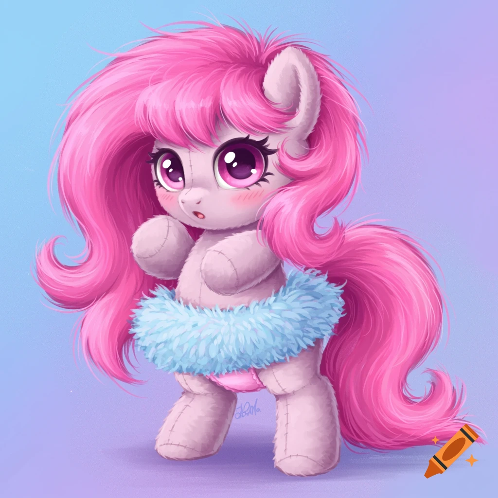A cute stuffed animal pony with pink hair, pink underwear, and a blue fluffy skirt.
