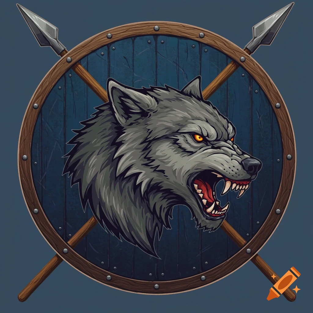 Illustration of a snarling wolf head centered on a viking shield with crossed spears.