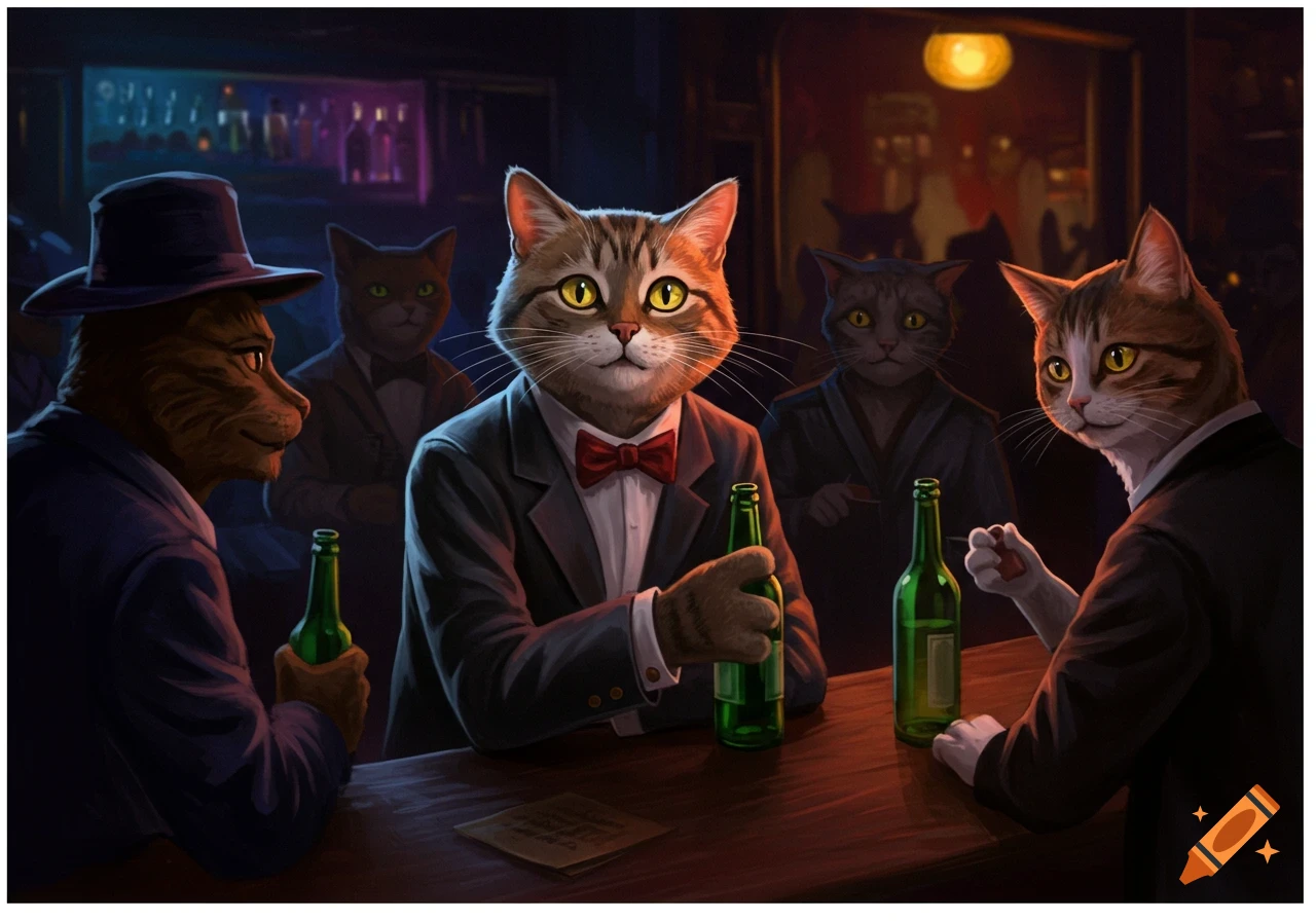 Anthropomorphic cats in suits drink at a bar.