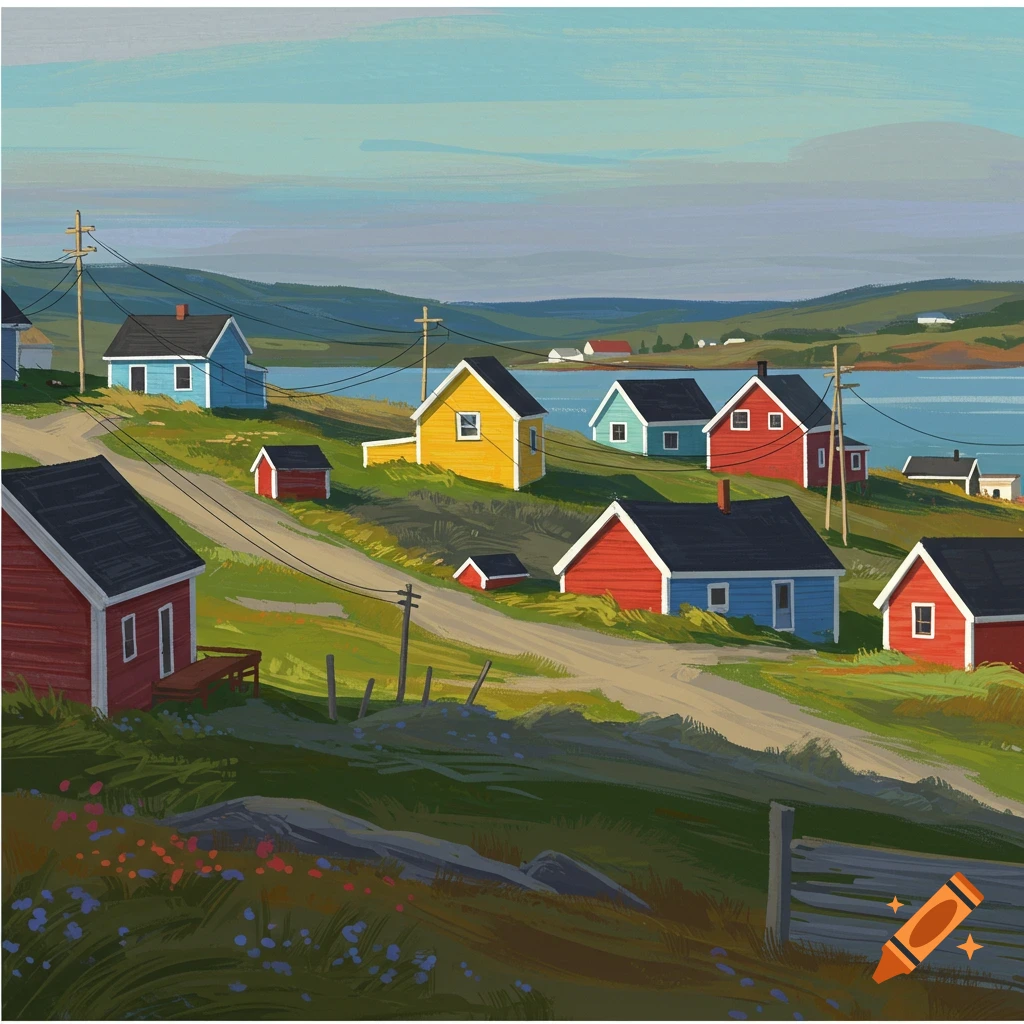 A stylized painting of a rural village with colorful houses along a dirt road by a lake or ocean, with hills in the background.
