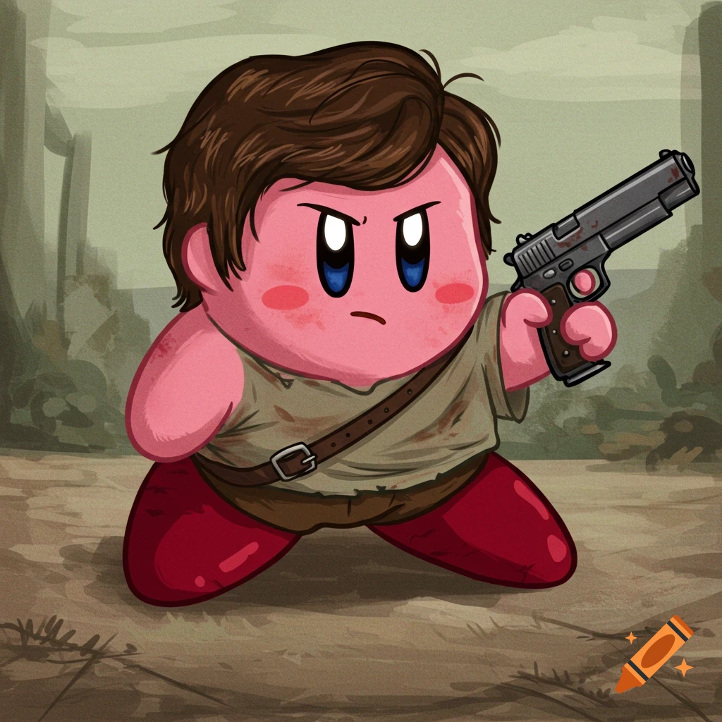 Kirby dressed as Carl Grimes, holding a pistol in a stylized outdoor setting.