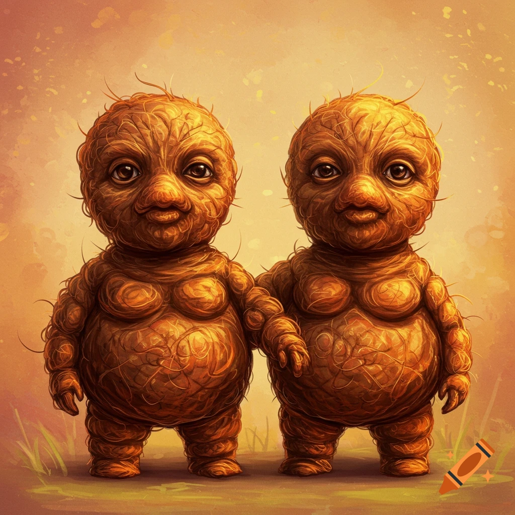 Two fuzzy, brown, bulbous creatures with large eyes stand side-by-side in a stylized, warm-toned environment.