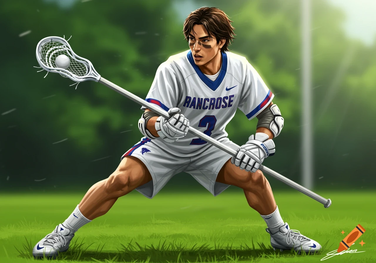 Digital illustration of a male lacrosse player in uniform holding a stick, ready to play on a field.