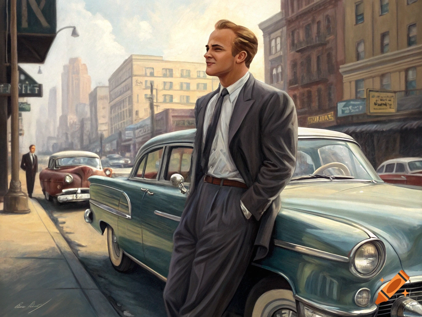 Oil painting of a man in a suit leaning on a 1950s car on a city street.