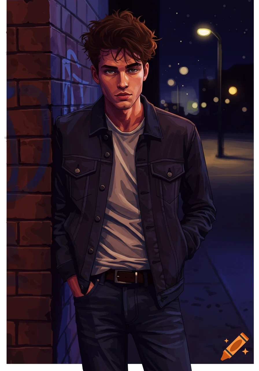 An illustration of a young man leaning against a brick wall on a city ...