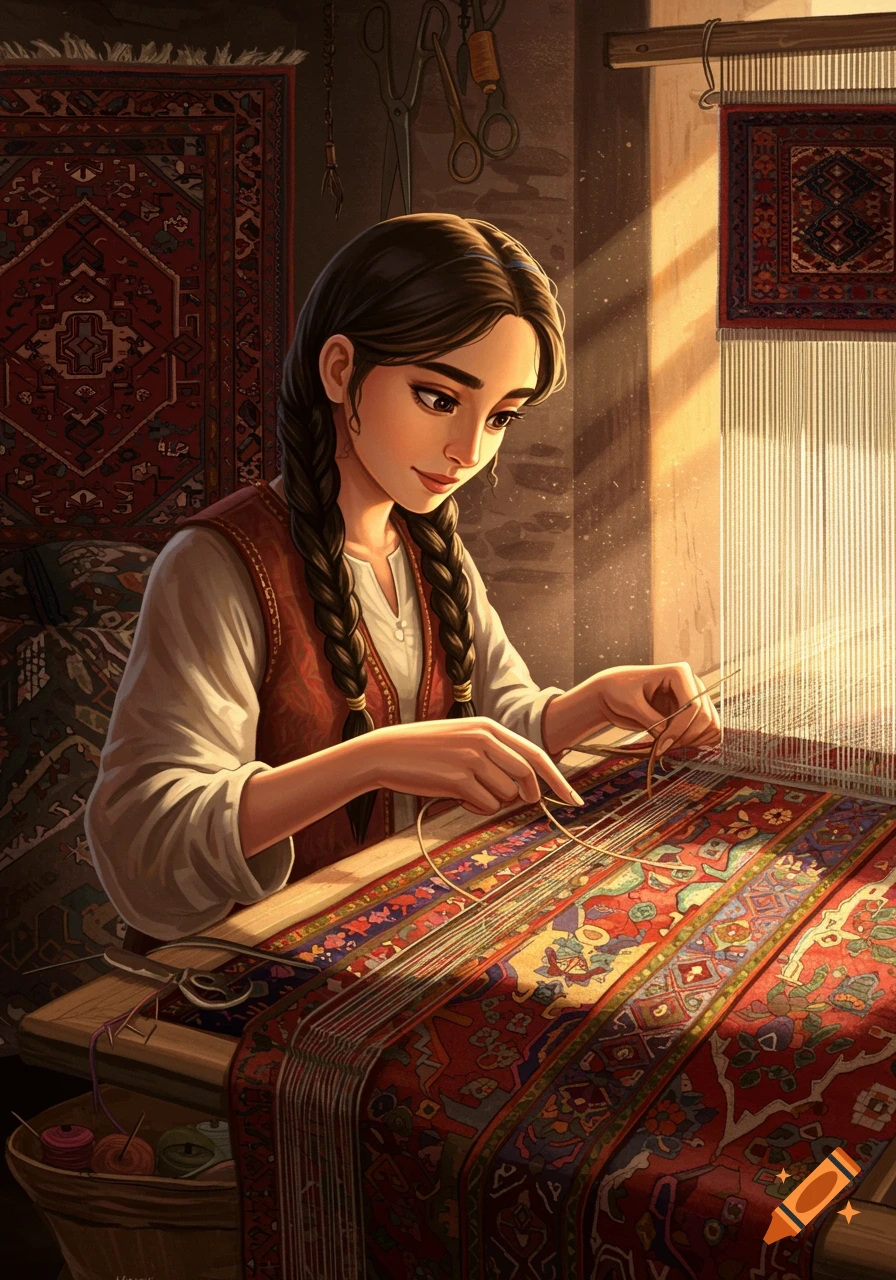 A young woman with braided hair weaves a colorful rug on a loom, bathed in warm sunlight.
