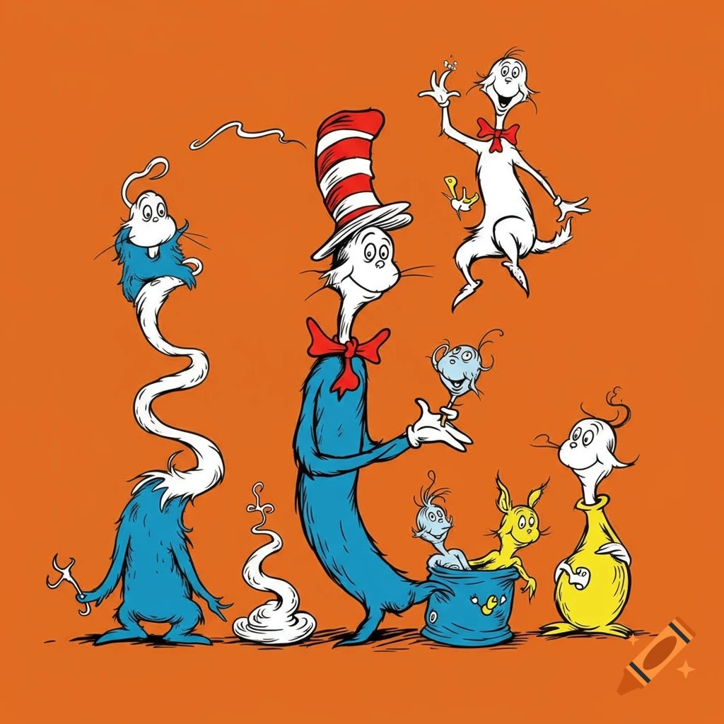 Illustration of whimsical Dr. Seuss style characters, including one resembling the Cat in the Hat, on an orange background.