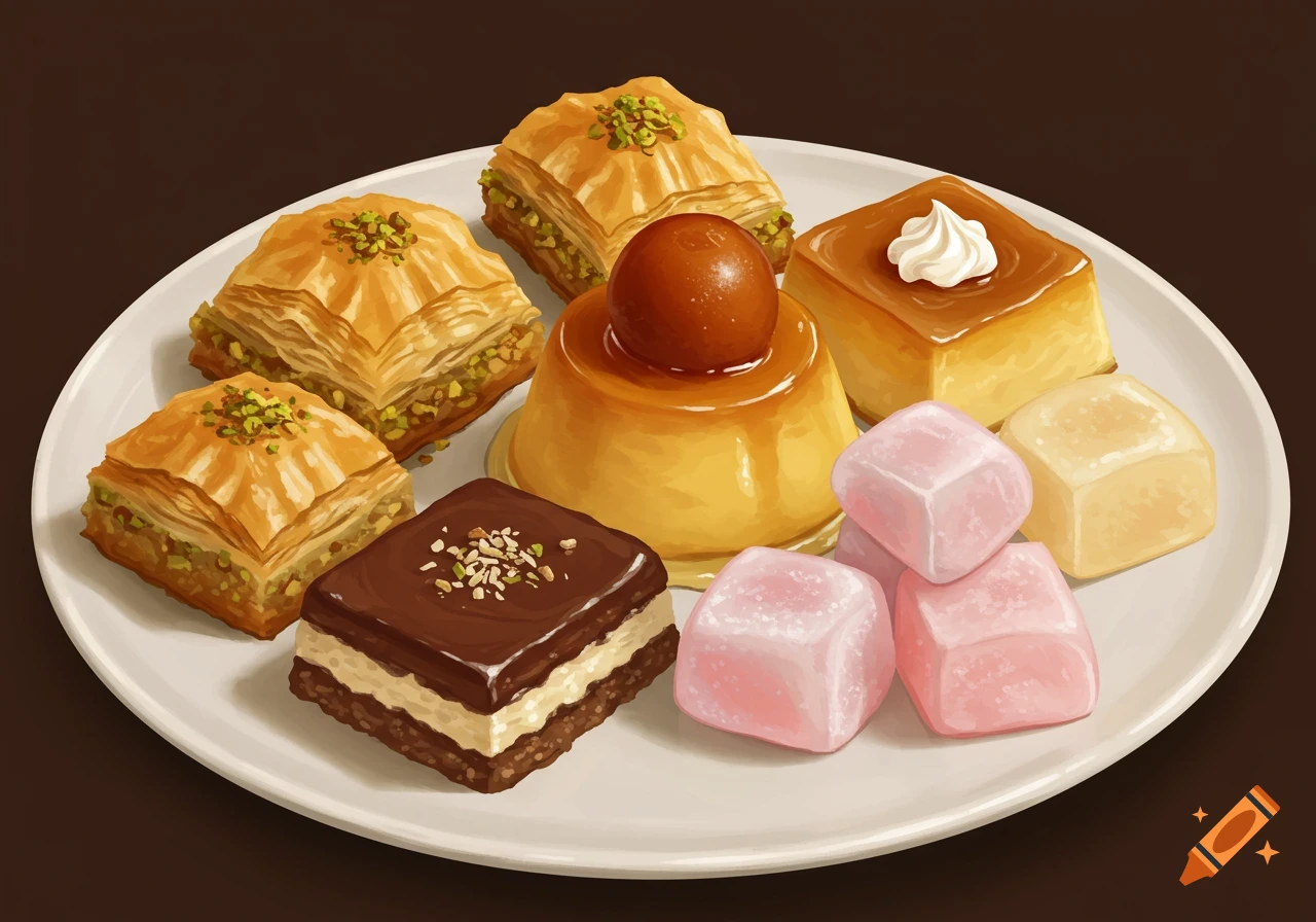 A plate filled with various desserts including baklava, pudding, chocolate cake, and jelly candies, in a painterly style.