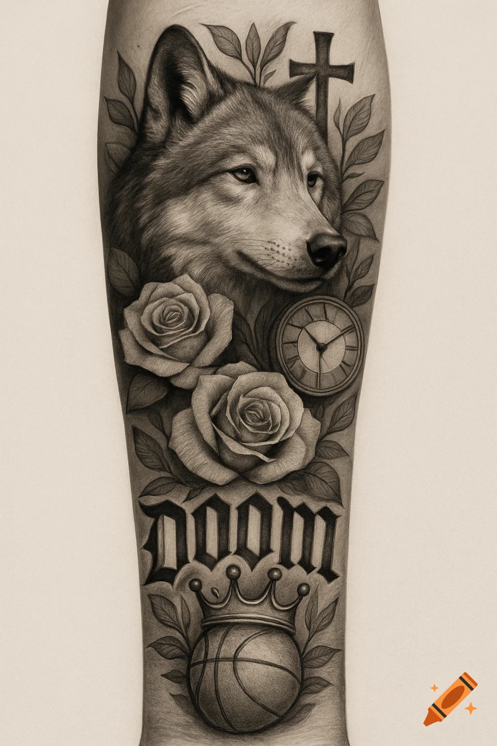 Black and white tattoo design with wolf head, roses, cross, clock, 'DOOM' text, and basketball with crown.