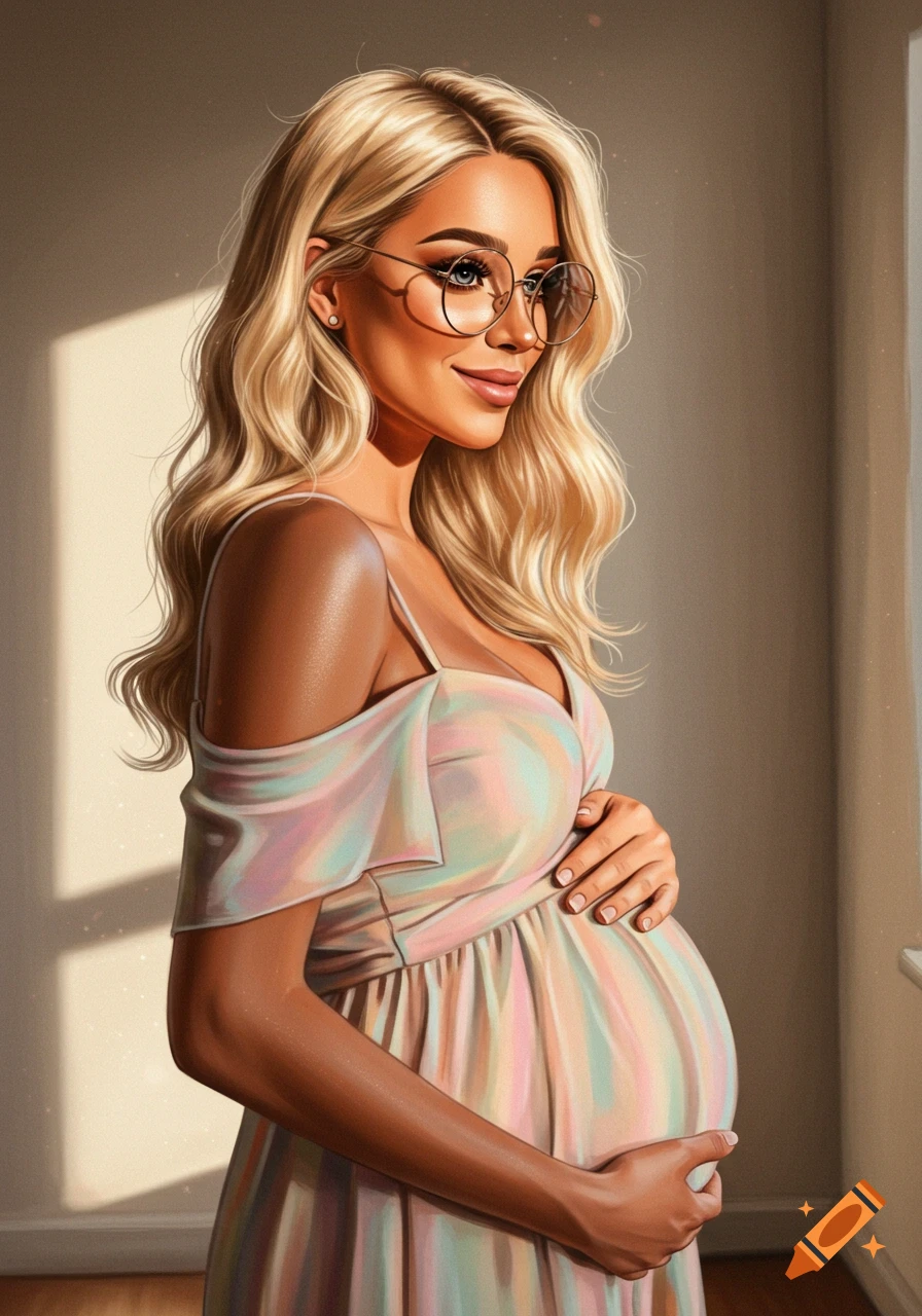 Blonde pregnant woman with glasses holding her belly in a pastel dress.