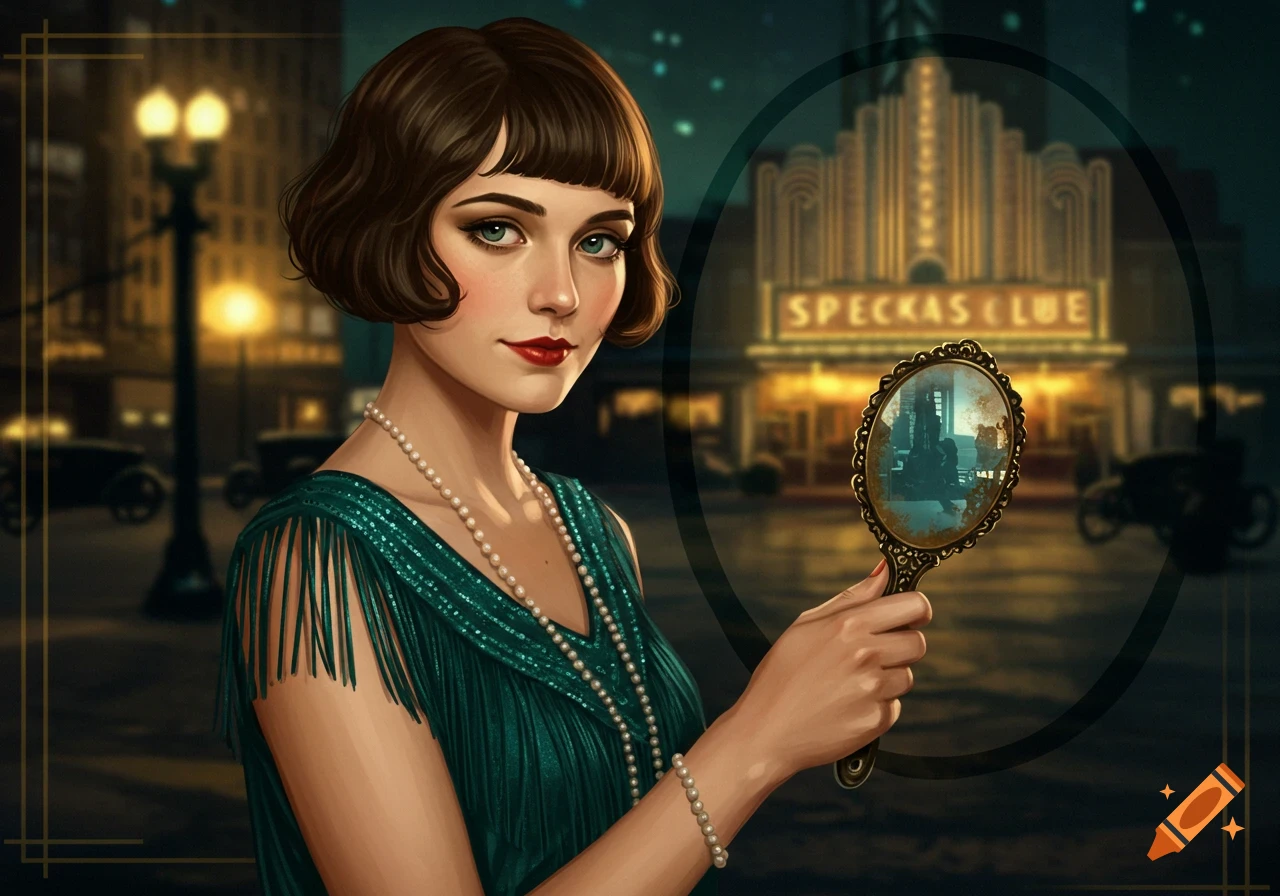 A woman in a flapper dress holding a mirror, standing in front of a glowing jazz club at night.