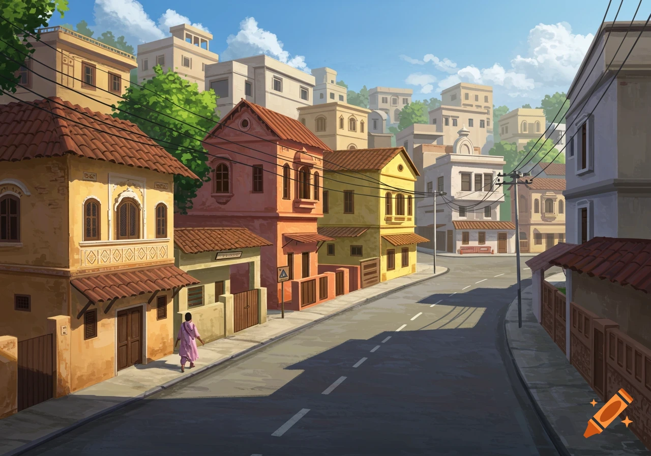 An illustration of a street in an Indian village with colorful houses and a person walking.