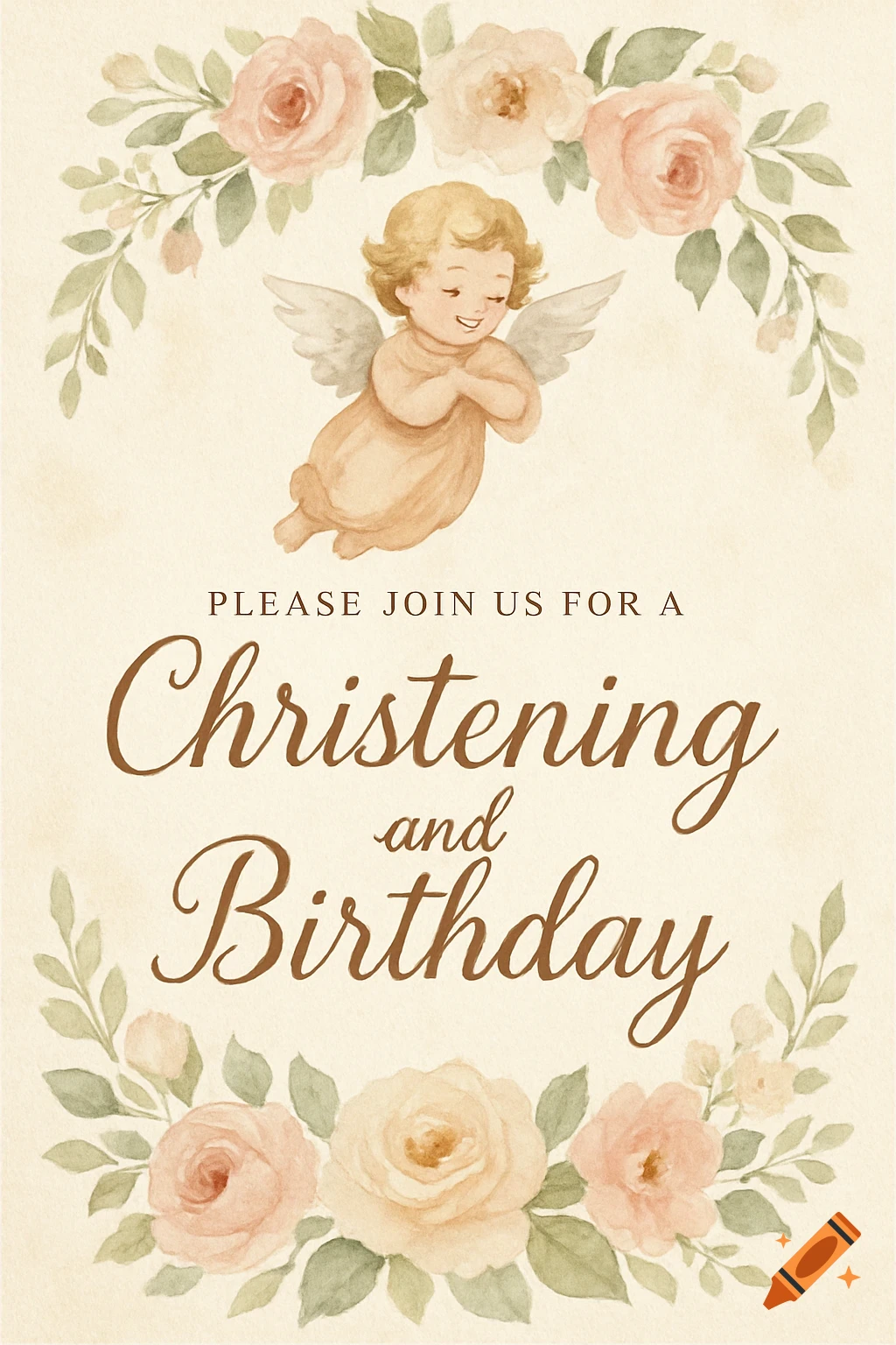 Watercolor christening and birthday invitation with a cherub and flowers.
