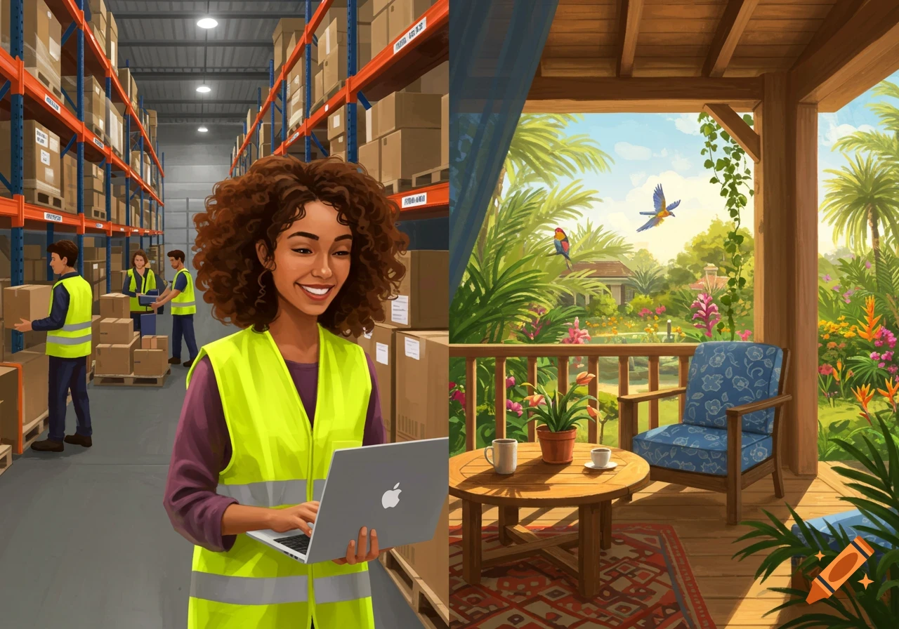 A split image showing a woman with a laptop in a warehouse and a tropical patio scene.
