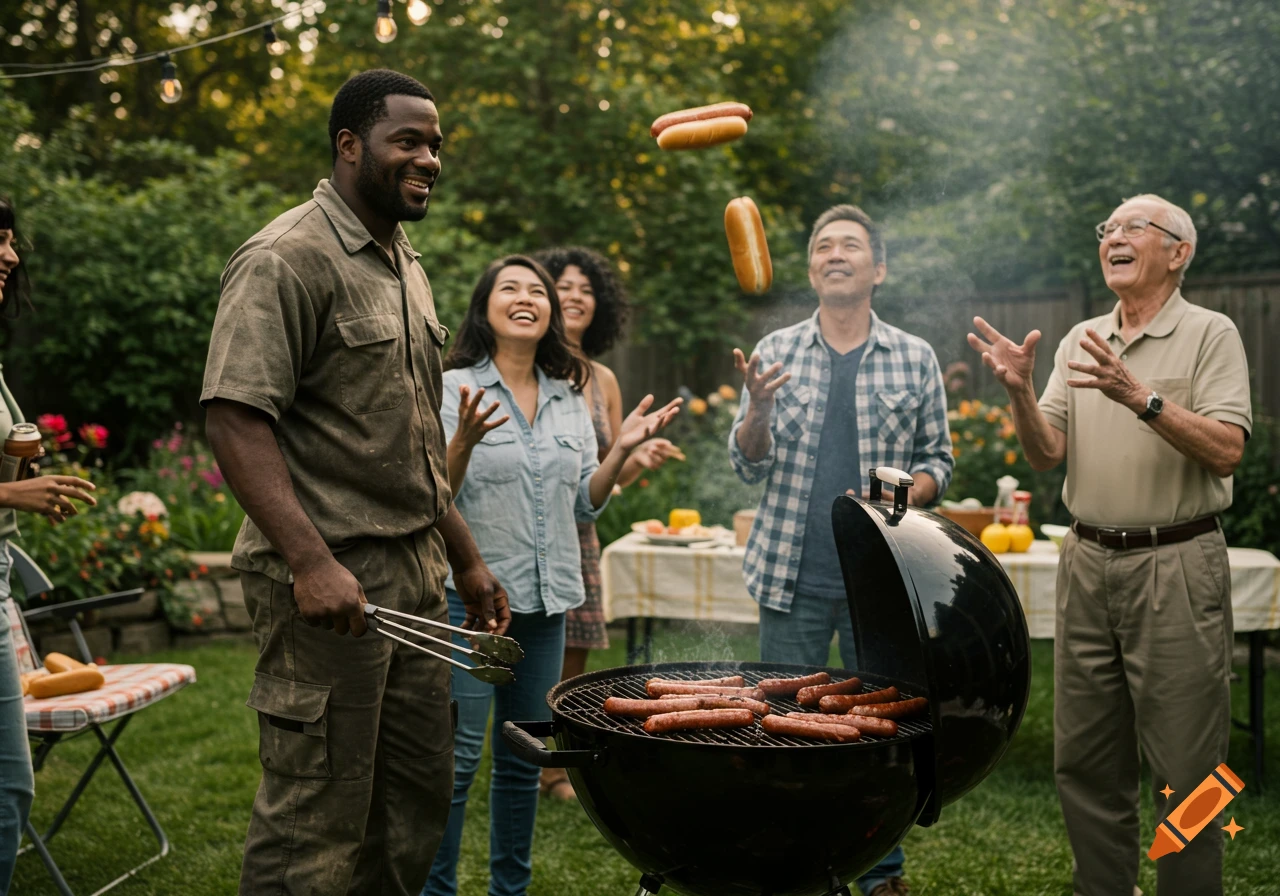 A group of diverse friends having a backyard barbecue, tossing hot dog buns in the air.