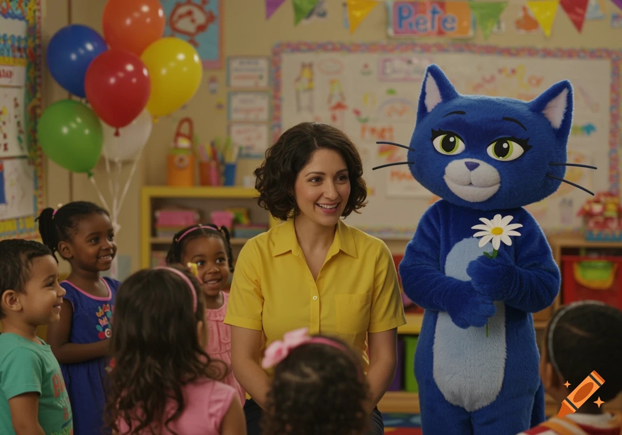 Teacher, children, and a person in a blue cat costume in a classroom with balloons.