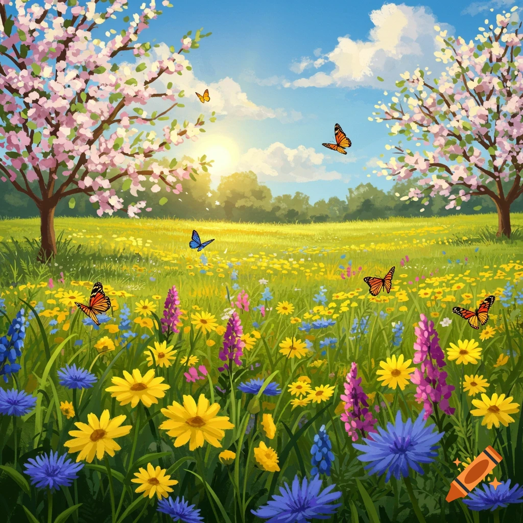 Sunny spring meadow with blooming trees, colorful flowers, and flying butterflies. Illustration style.