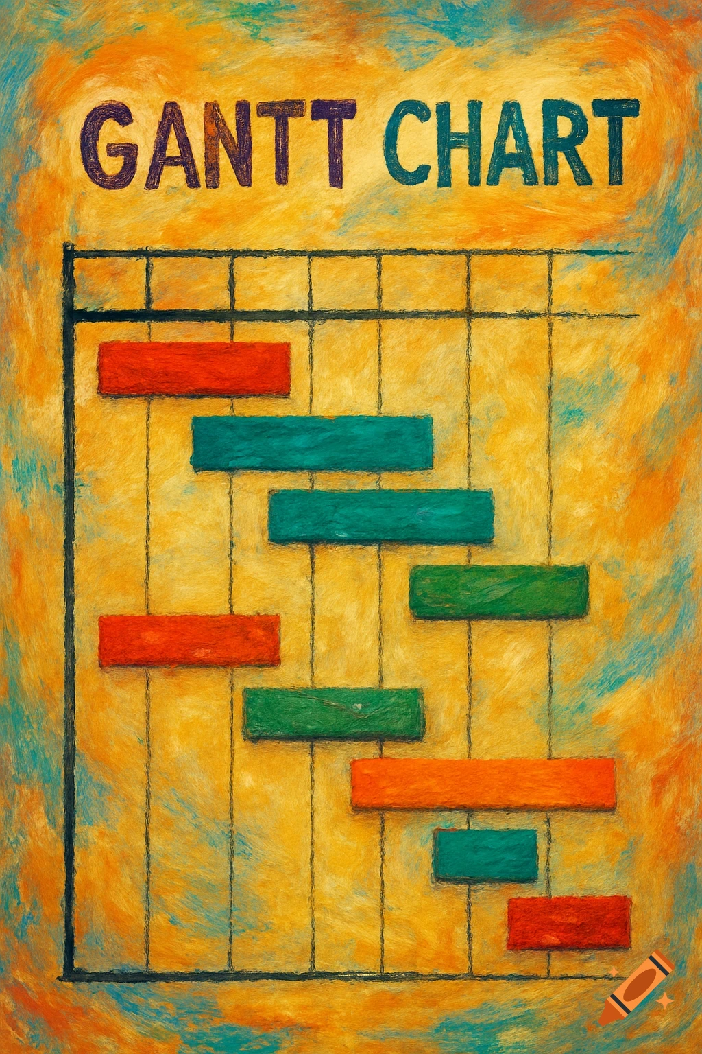 A painted style Gantt chart with colorful horizontal bars on a grid.