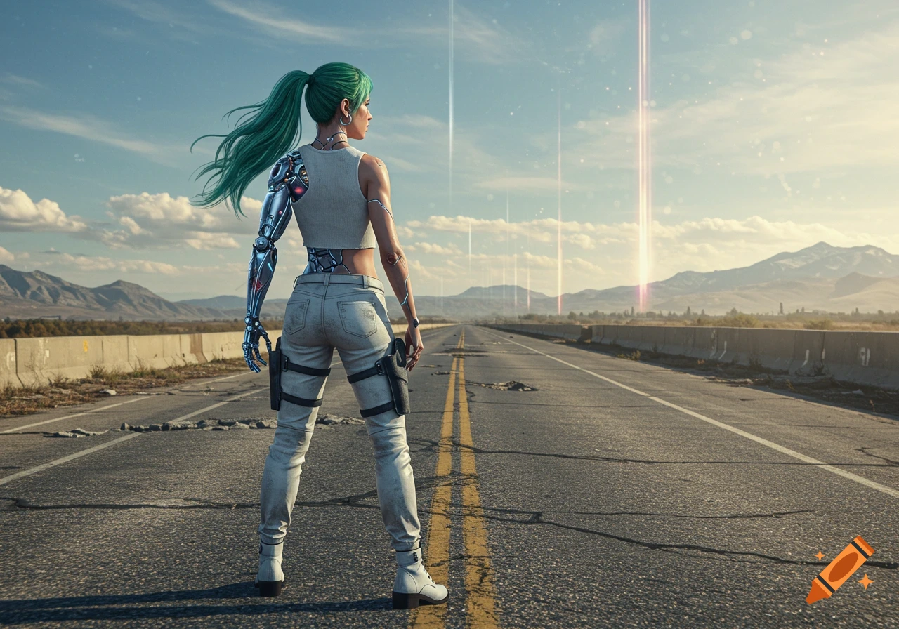 Cyborg woman on damaged highway looking at glowing sky lights, photorealistic.