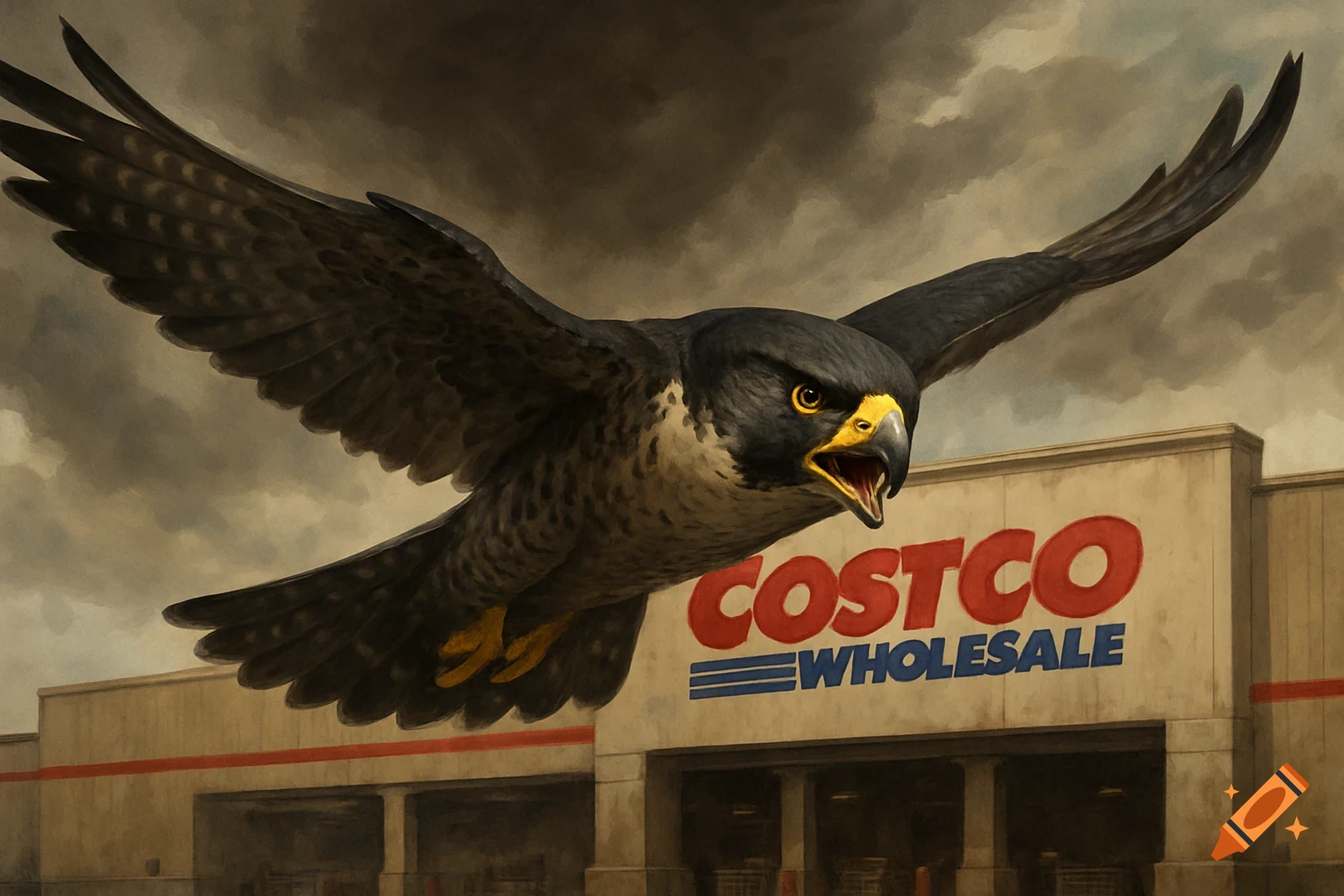 A painting of a mean-looking falcon flying towards a Costco Wholesale building.