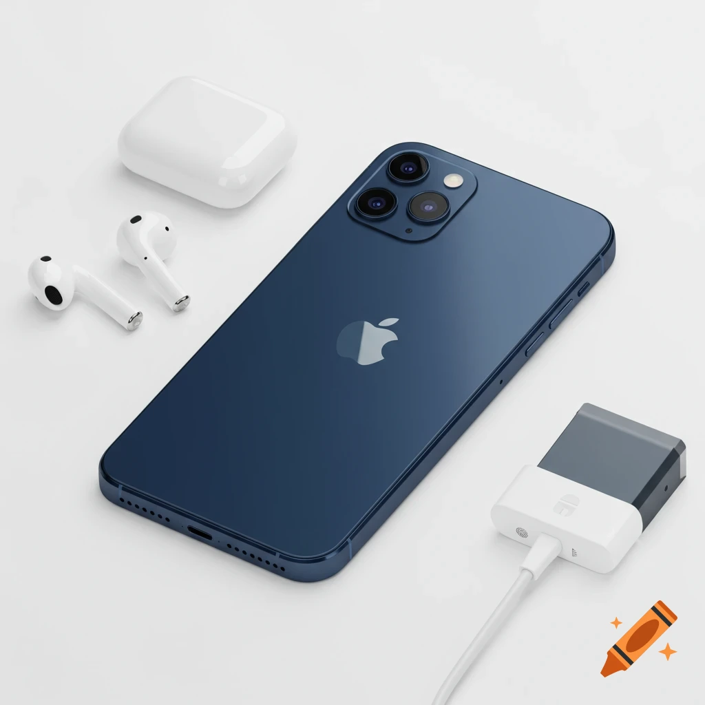 A blue iPhone, white AirPods with their case, and a charger on a white background.