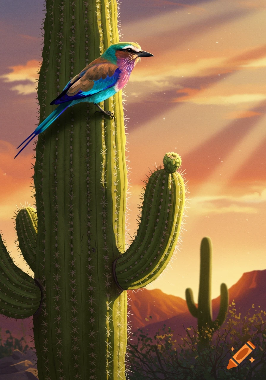 A colorful bird perched on a saguaro cactus against a sunset in a desert landscape.