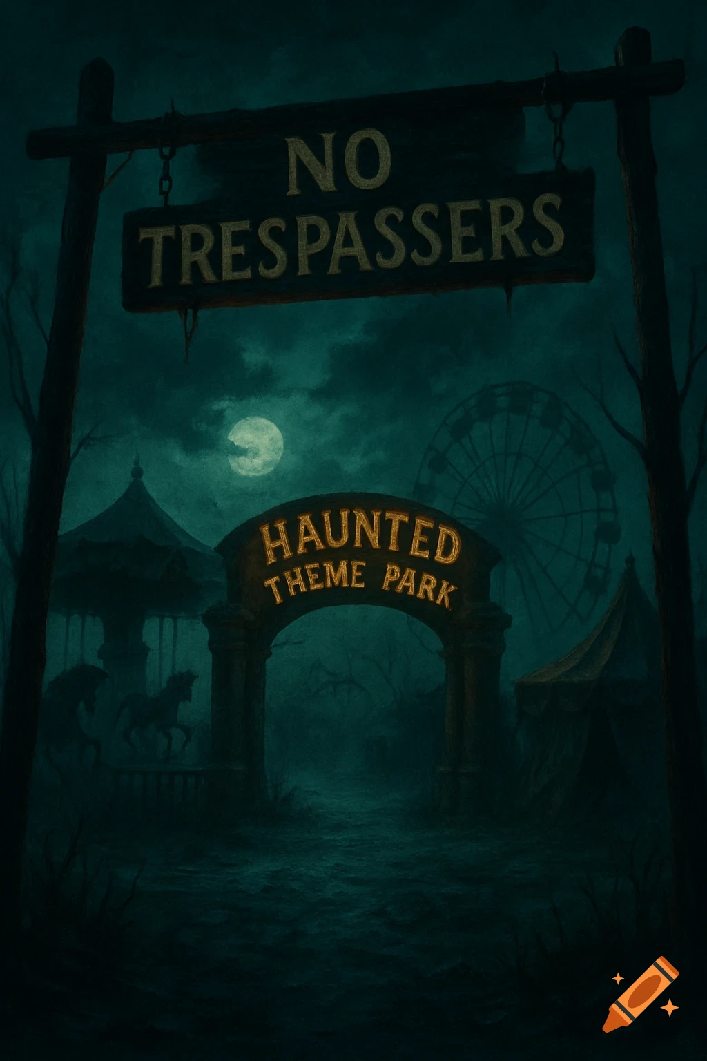 Spooky night view of a haunted theme park entrance with a sign reading 'No Trespassers' and a lit archway sign.