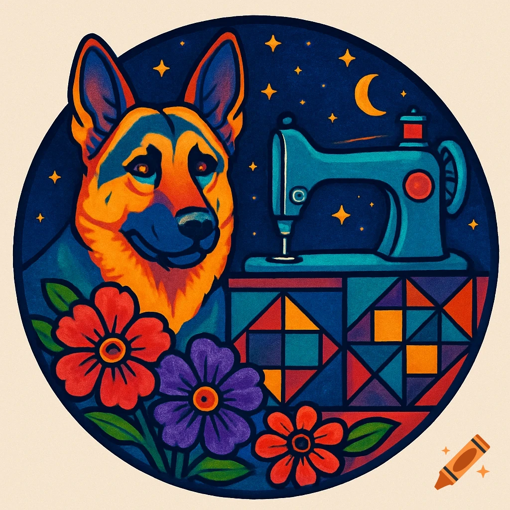 Circle pop art of a German Shepherd, sewing machine, quilt, flowers, and night sky