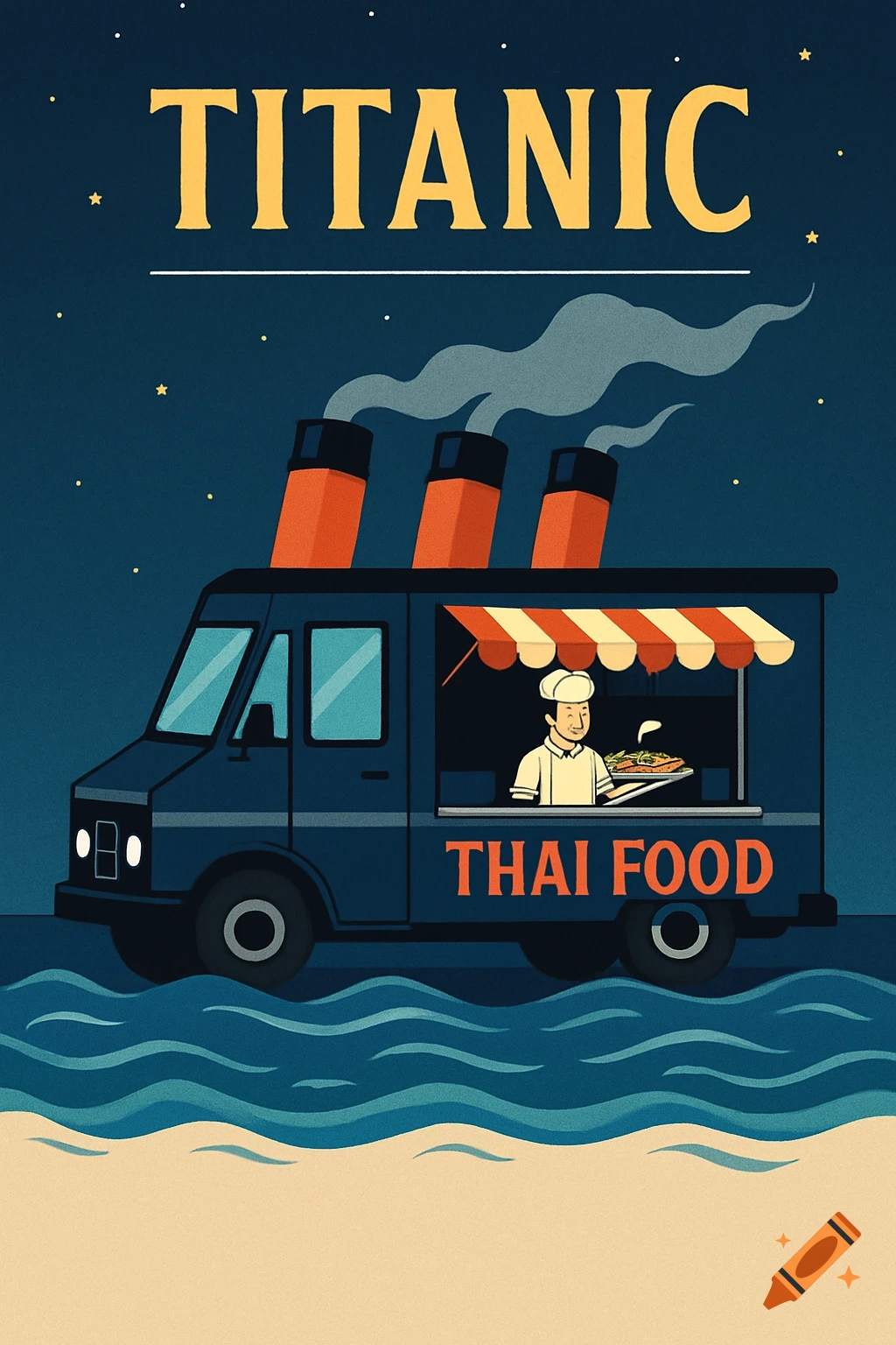 Illustration of a Thai food truck designed like the Titanic, on water at night, with text 'TITANIC' and 'THAI FOOD'.