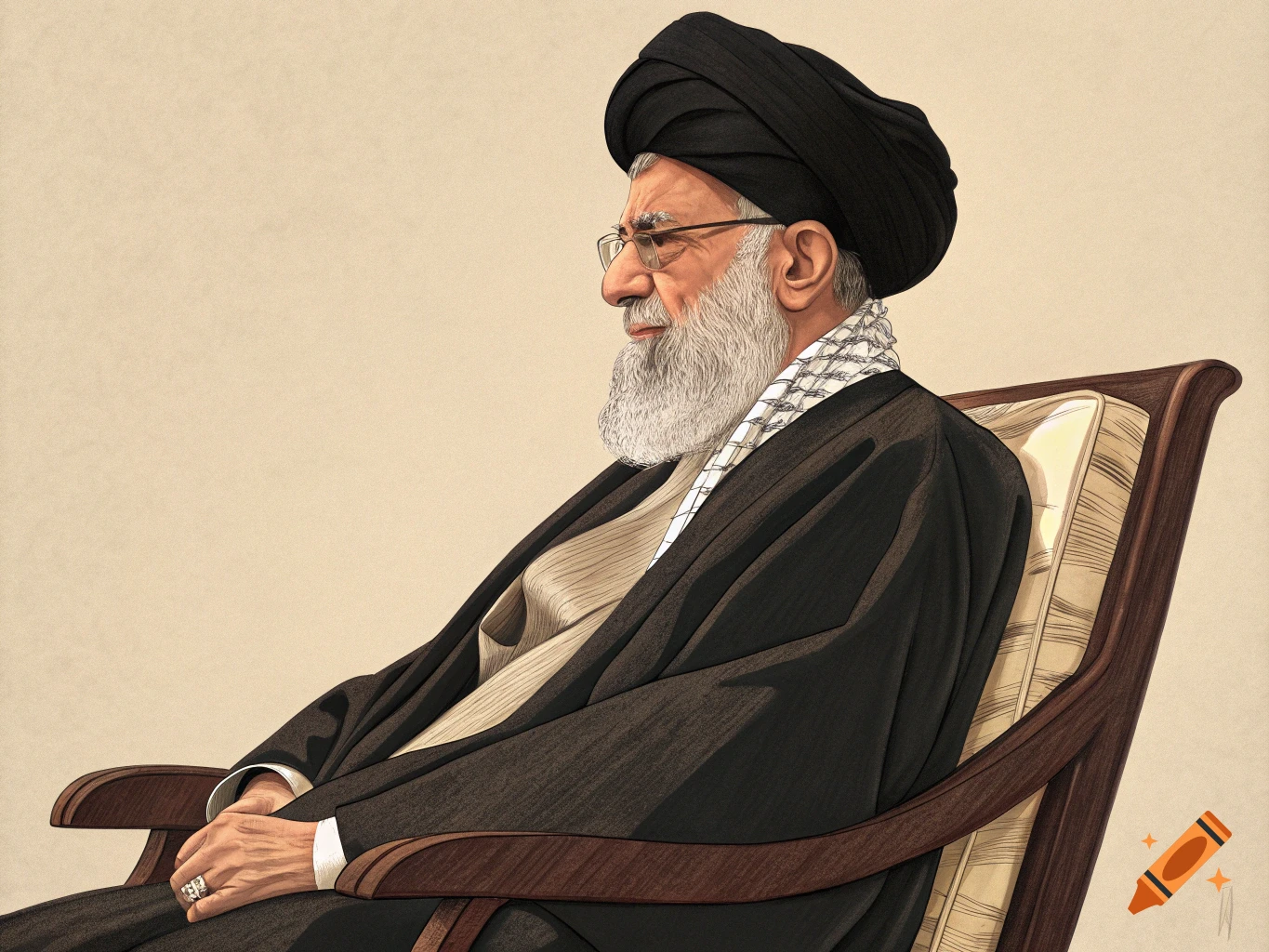 Illustration of Ayatollah Ali Khamenei sitting in a chair