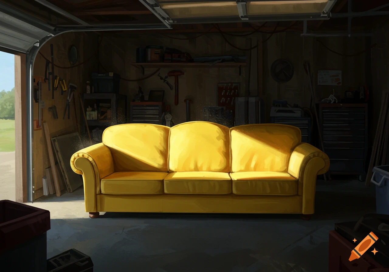 A yellow couch sits in a dimly lit garage, illuminated by sunlight from the open door.
