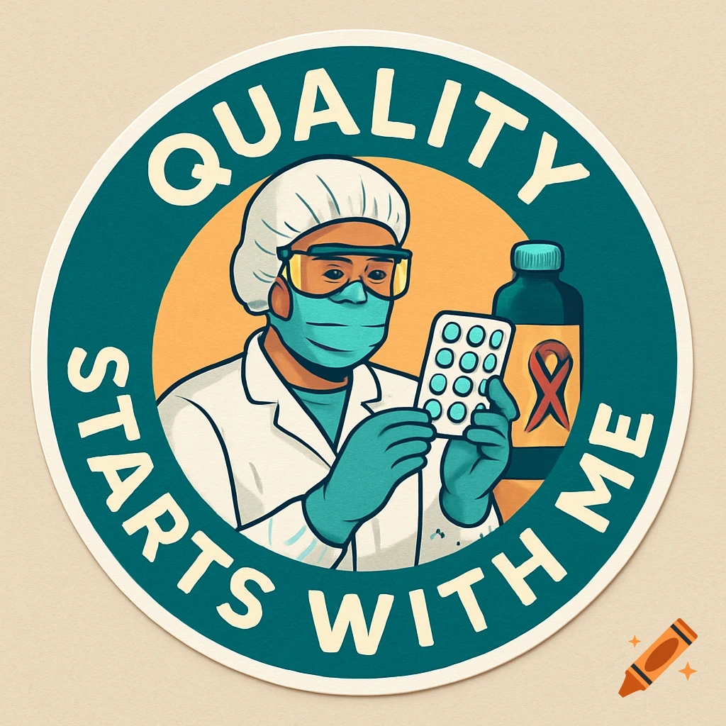 Sticker illustration of a medical professional holding pills and a bottle, with text 'Quality Starts With Me'.