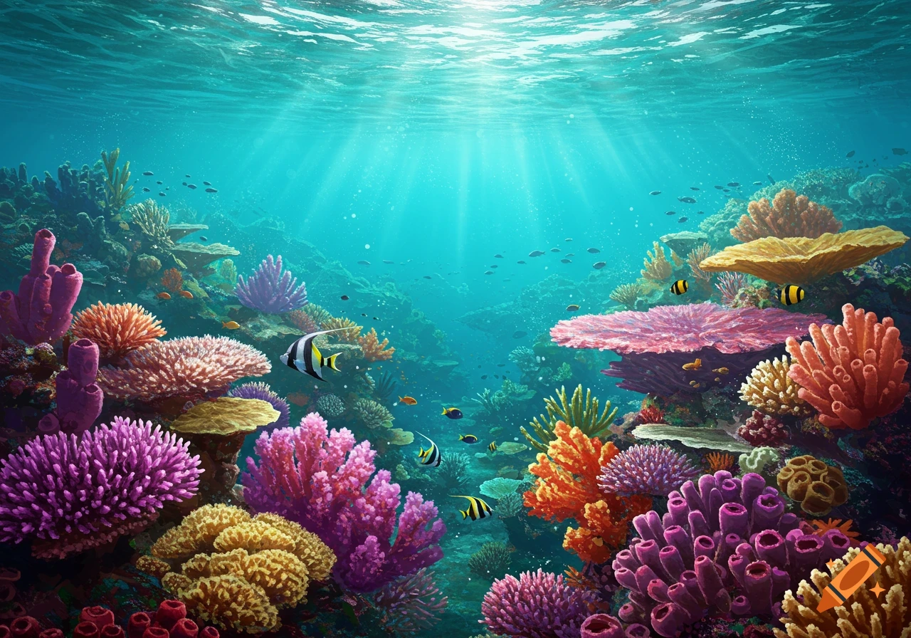 Vibrant coral reef underwater scene with colorful corals, fish, and sunlight