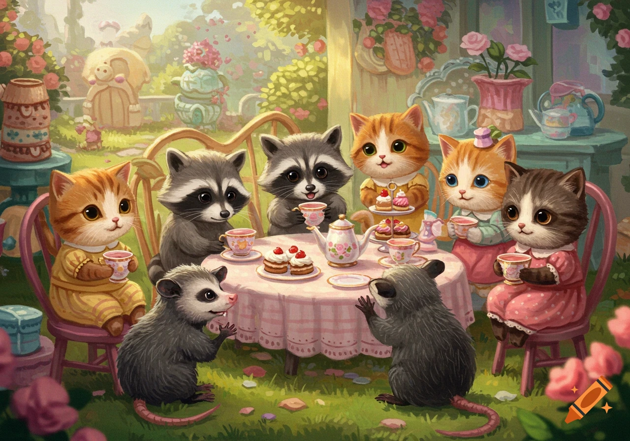 Cute cartoon animals (kittens, raccoons, possums) having a tea party in a whimsical garden illustration.